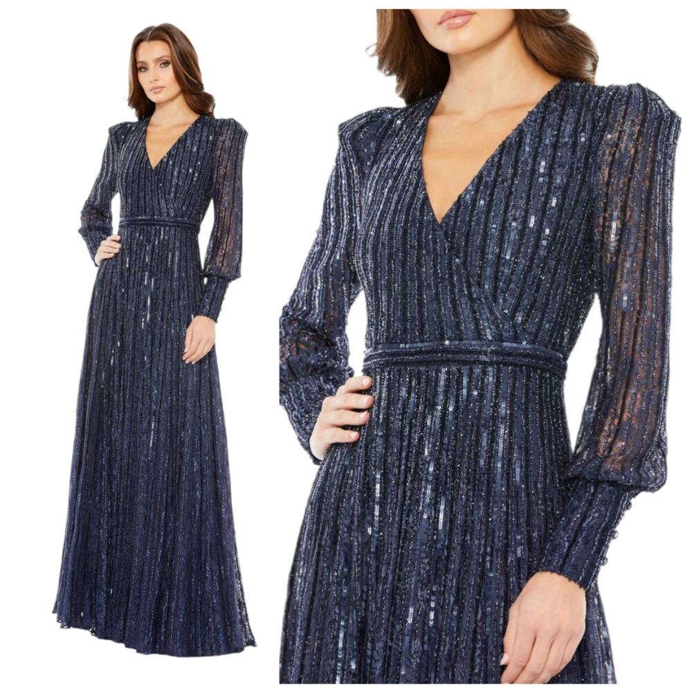 Mac Duggal 93679D Formal Gown Navy Blue Midnight Long Sleeve Beaded Wrap 6 Dress
